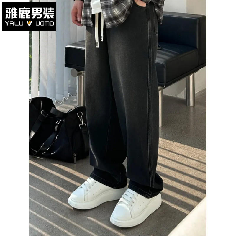 雅鹿男装美式水洗牛仔裤男秋冬季厚款宽松直筒松紧腰长裤子男百搭