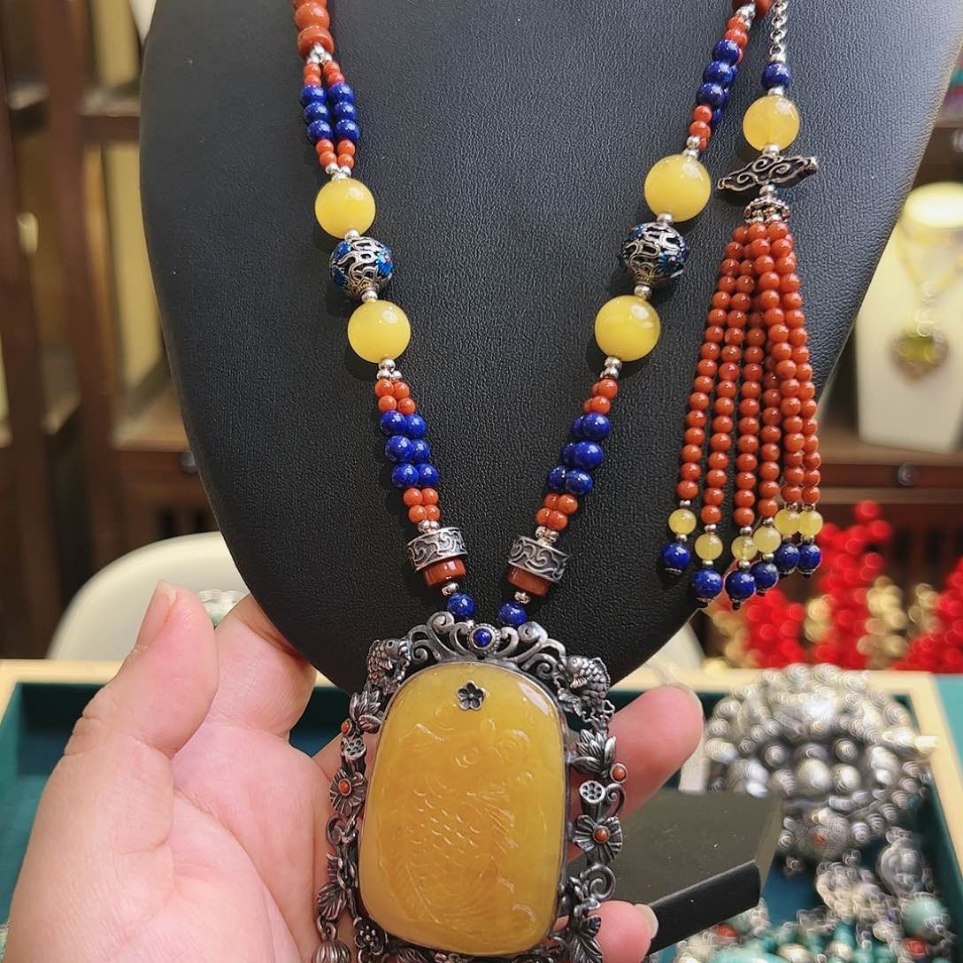 琥珀颈饰银S925镶嵌古风