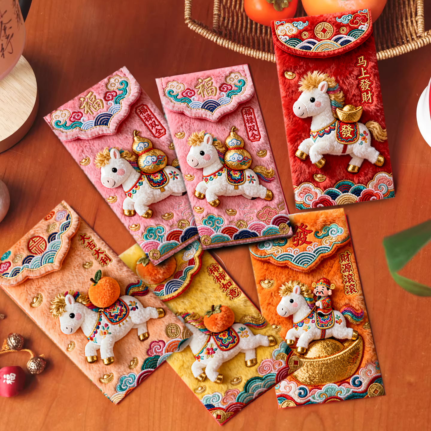 2026马年毛绒刺绣风格平面5D仿真创意打印30个红包中式利是封卡通