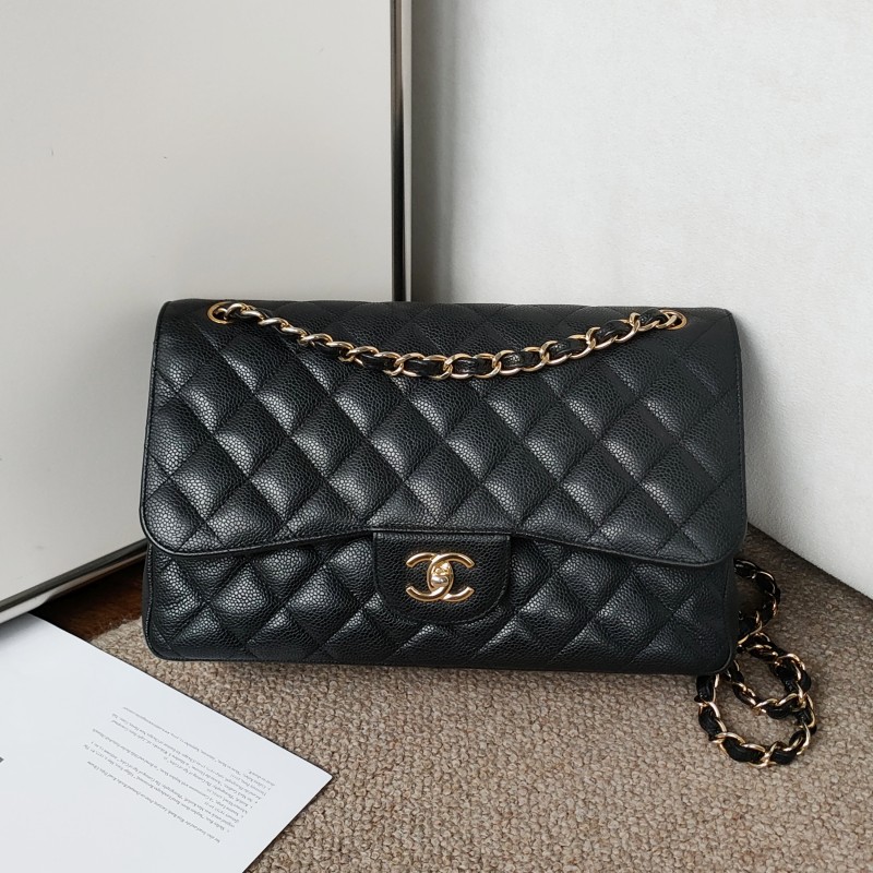 95新 Chanel/香奈儿 Azul-黑金荔枝皮cf jumbo双盖单肩包53502