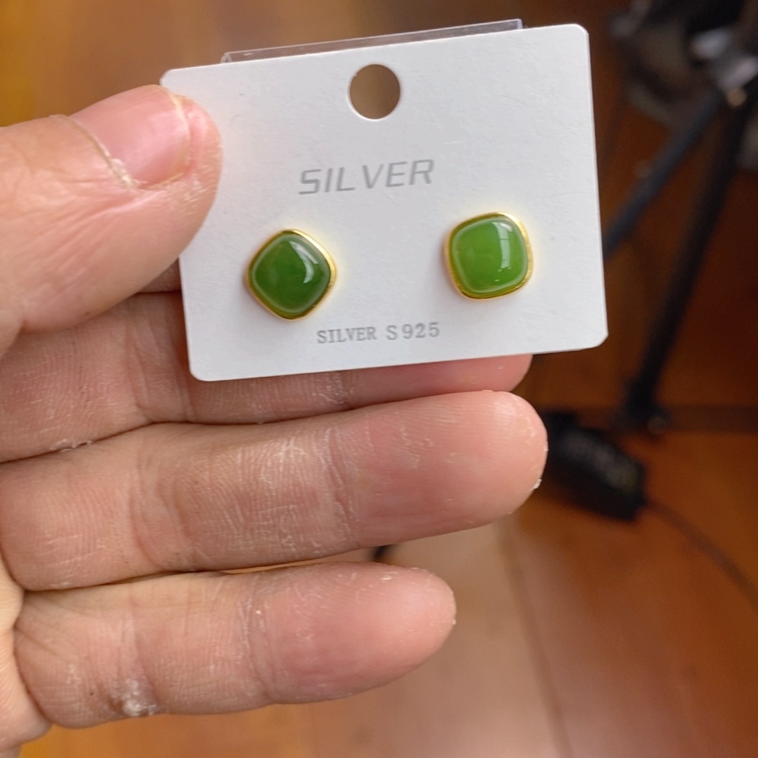 和田玉（碧玉）耳饰银S925镀金镶嵌