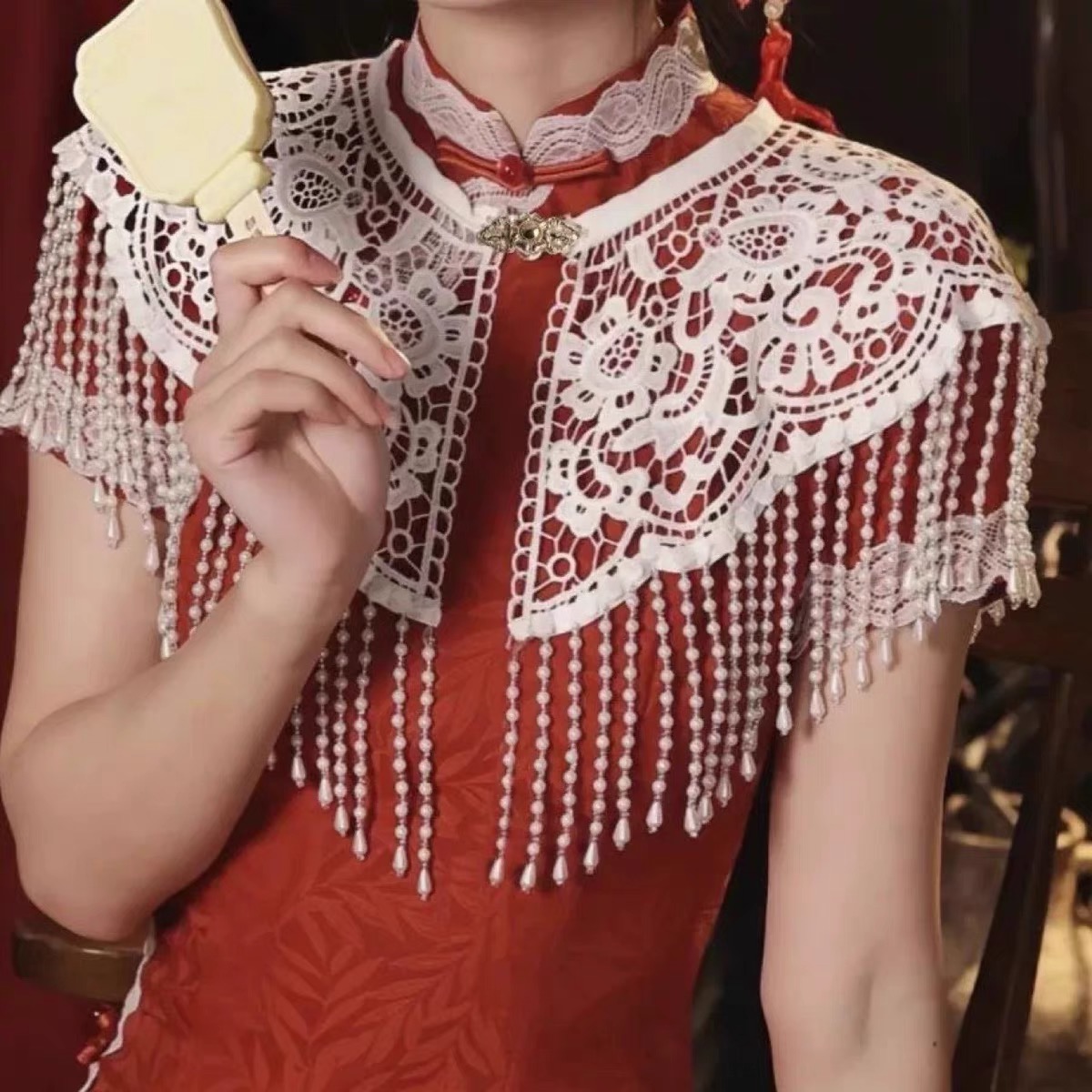 423贰新款旗袍专用披肩夏季外搭披肩珍珠流苏云肩新中式国风