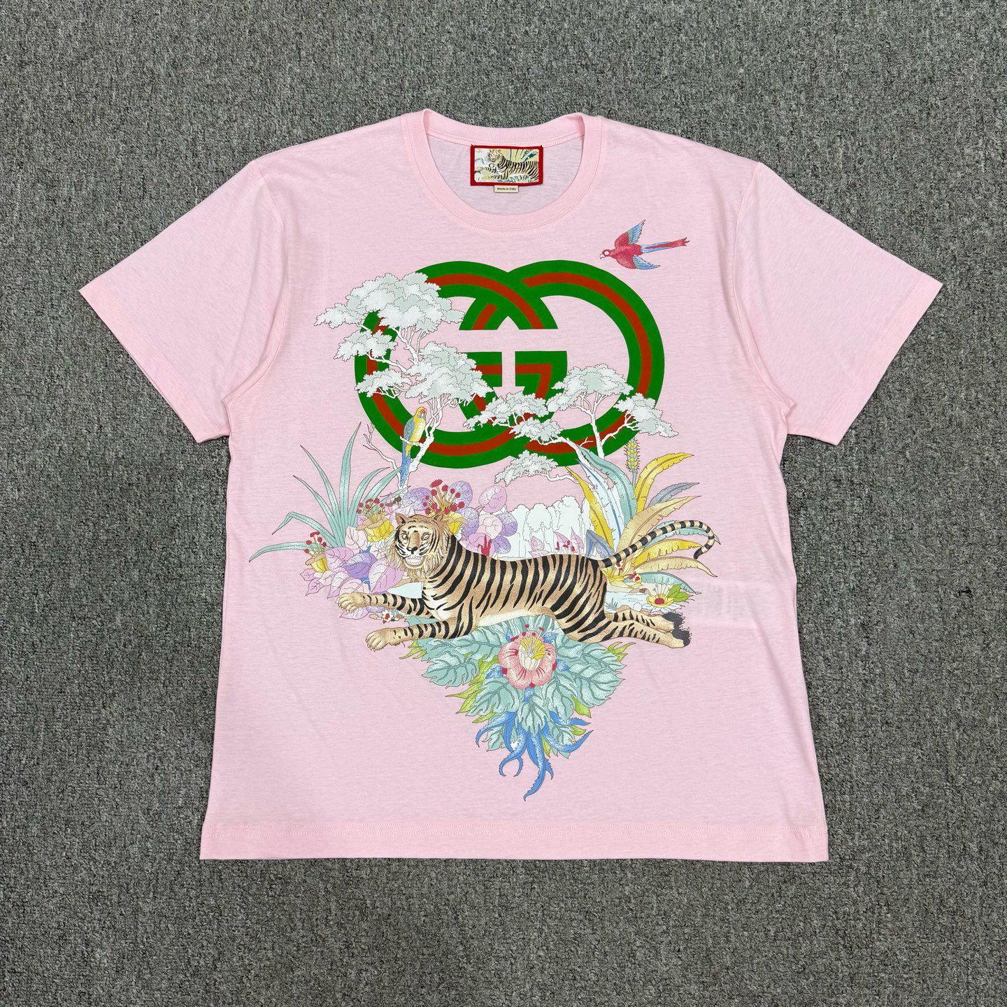 99新 GUCCI/古驰 17582377 互扣式双G老花印花圆领粉色短袖 S码