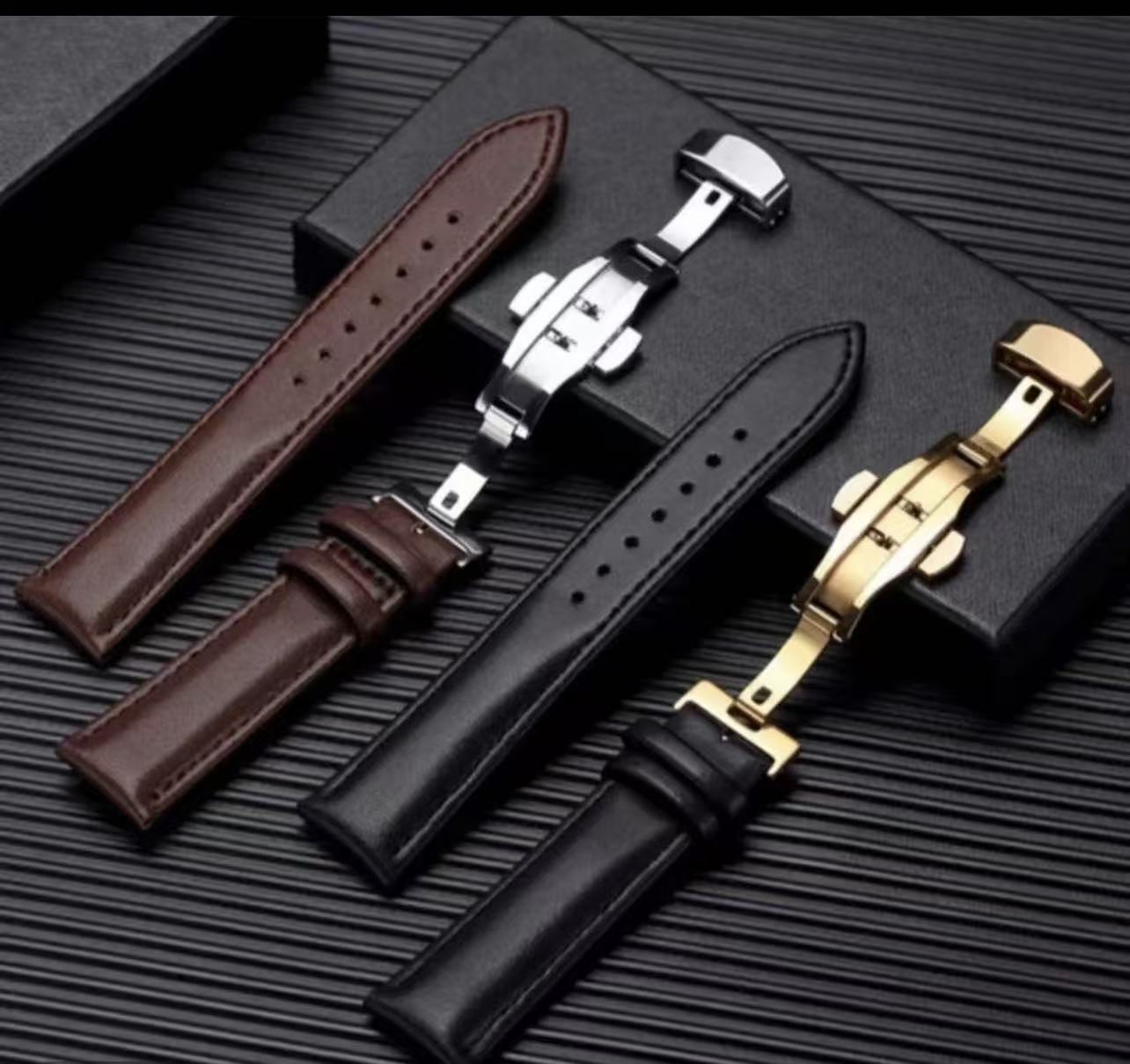 真皮表带男女平纹牛皮防水柔软针扣蝴蝶扣通用表链手表配件