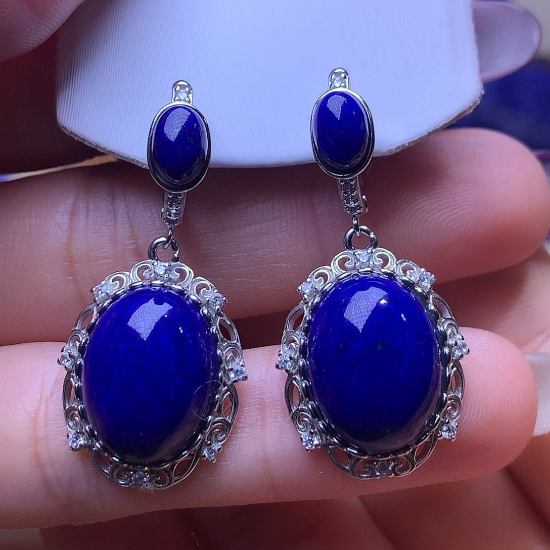 青金石银S925镶嵌耳饰21.6m