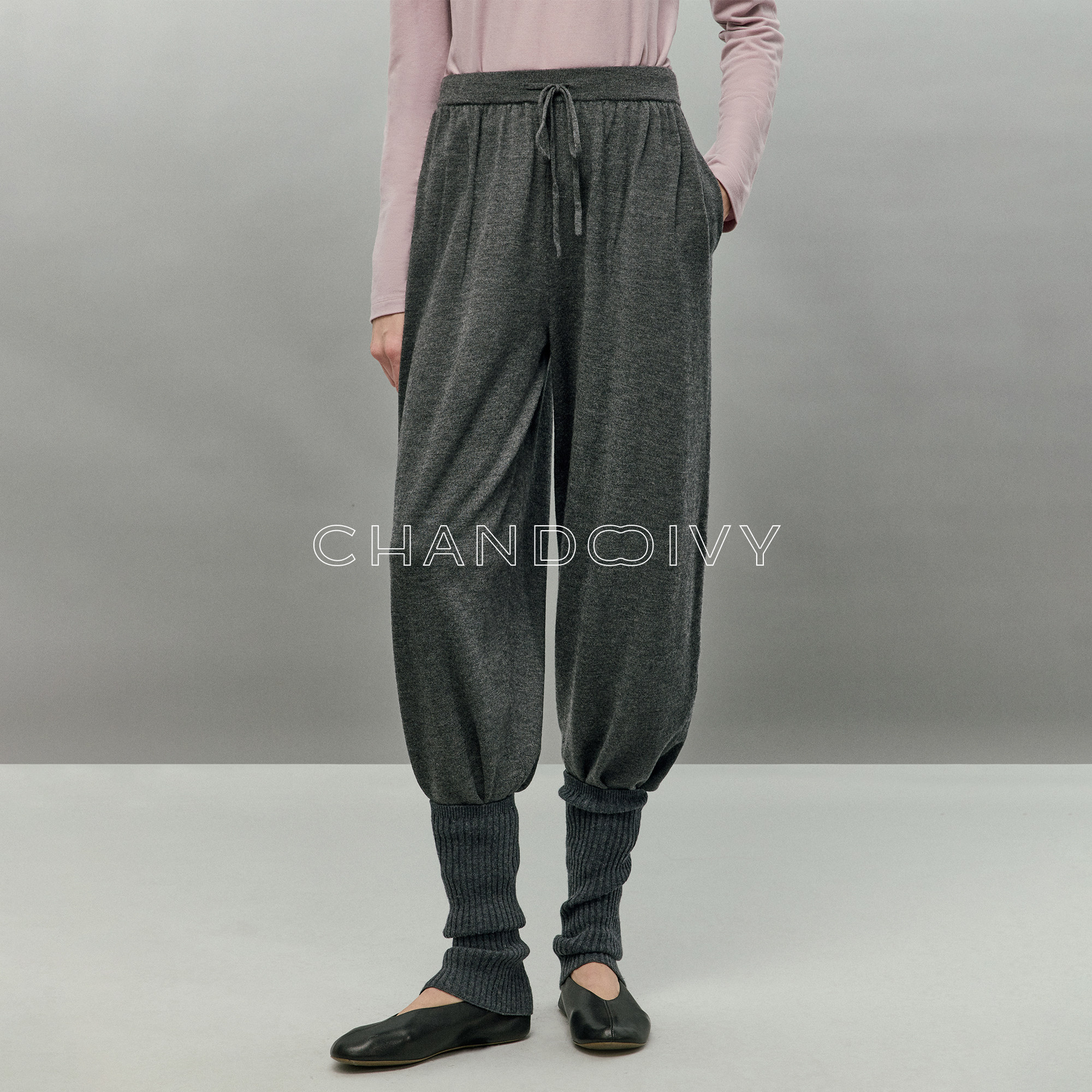 CHANDOOIVY 澳洲超细羊毛 百搭神器_松紧腰抽绳针织休闲裤