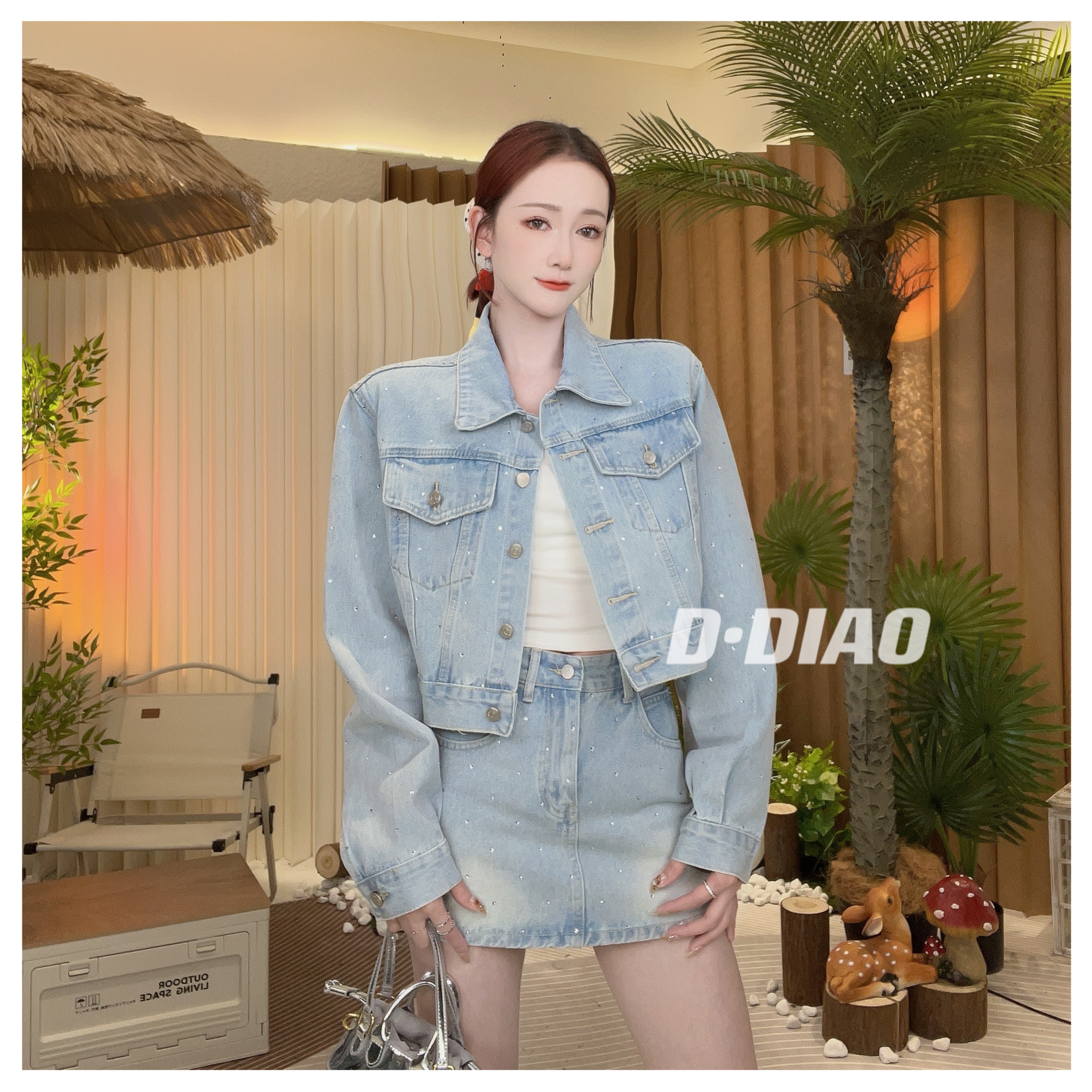 小奈【满天星】牛仔带钻短上衣+高腰显瘦带钻短裙