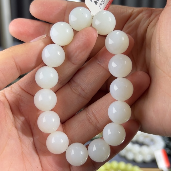 和田玉手串未镶嵌新疆且末白玉卡14圆珠