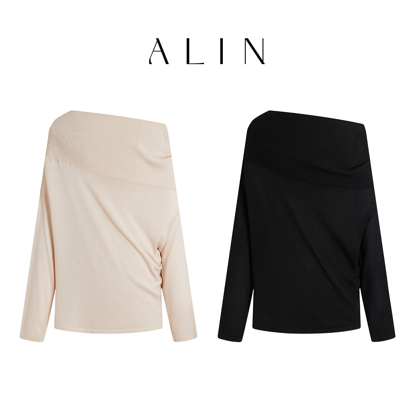 阿琳ALIN【浮光浅梦】莱赛尔一字领时髦漏肩针织衫上衣女AL5GZT13福