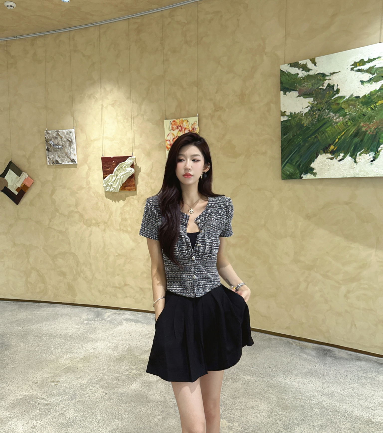 【燕哥家】夏上新！小香风格纹修身显瘦短袖小开衫