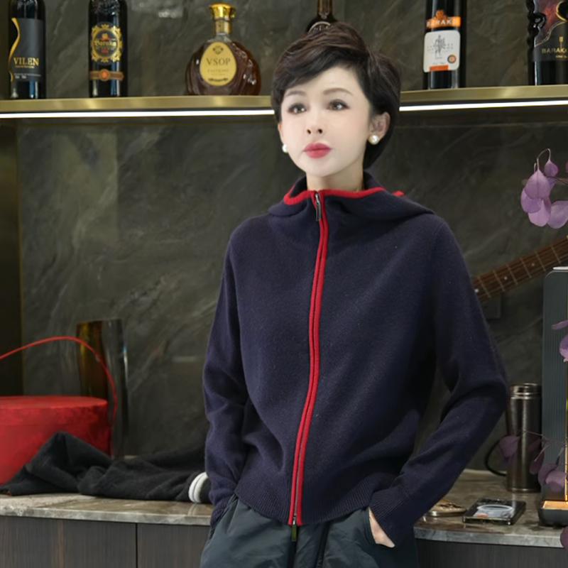 【简法柔织】显瘦减龄双拉链连帽加厚保暖针织开衫MG8565