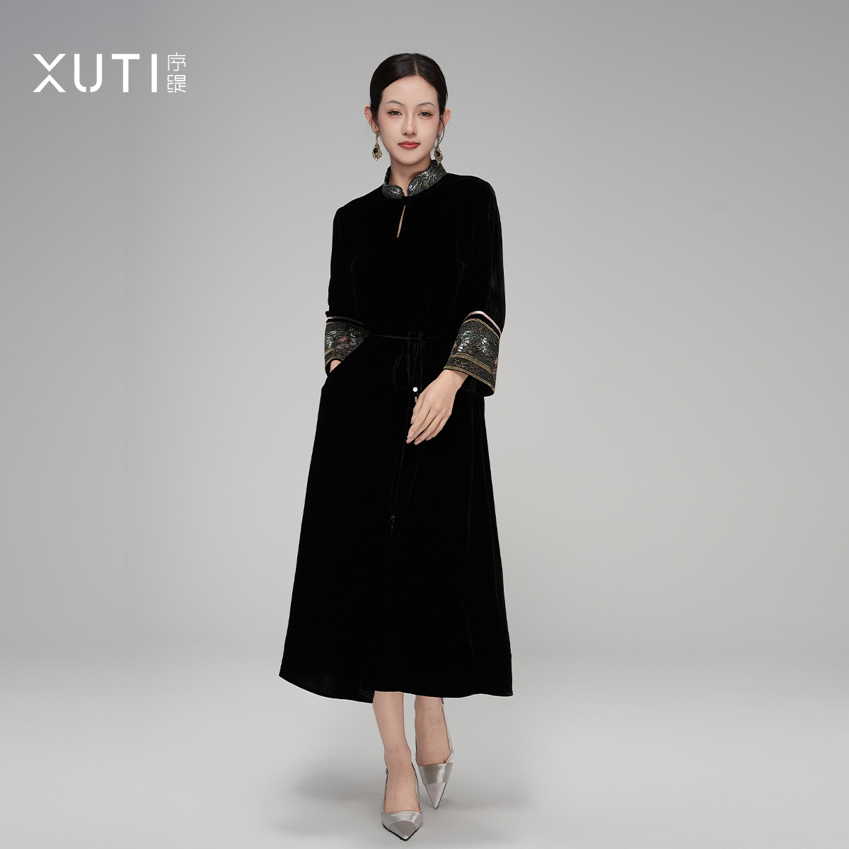 序缇早秋新款新中式女装真丝丝绒桑蚕丝连衣裙H18-18339