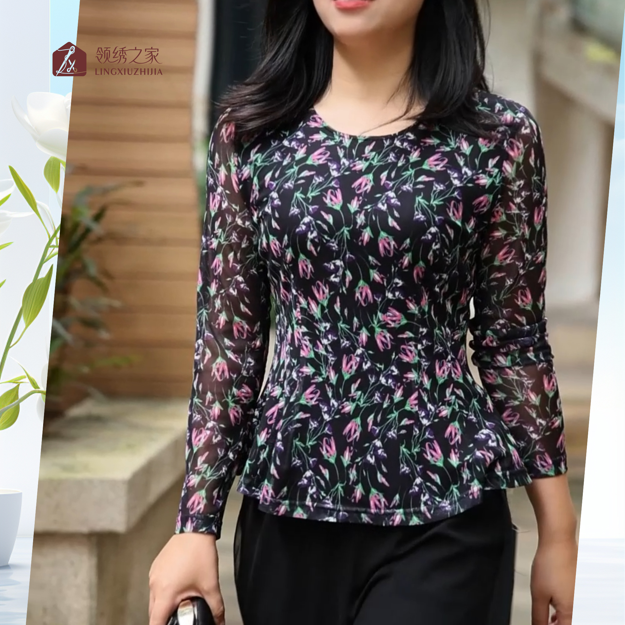 女士圆领气质长袖休闲风碎花印花蕾丝衫#L801908A-81