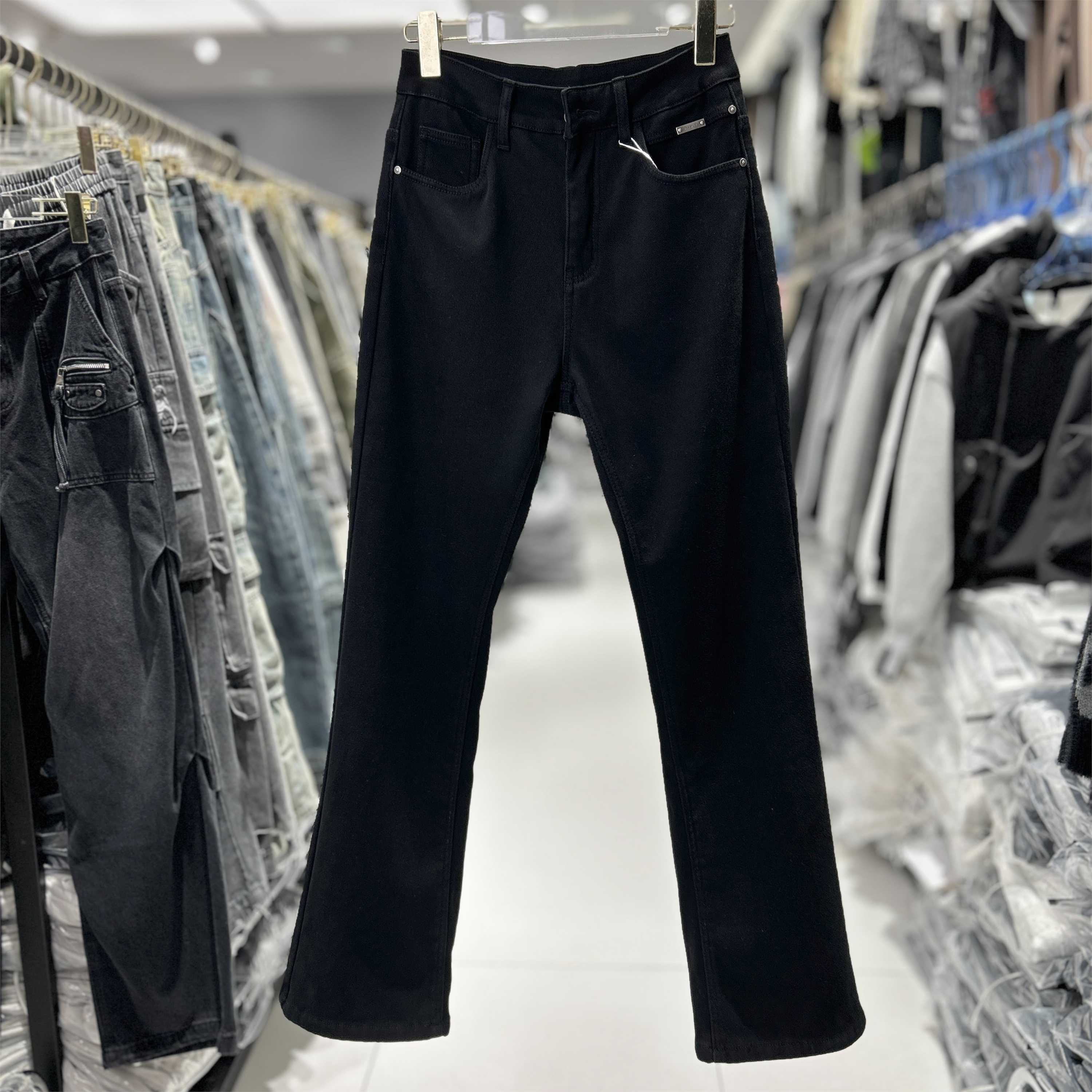 YM潮牌冬季加绒牛仔裤黑色美式街头vibe小众高级感微喇牛仔裤232