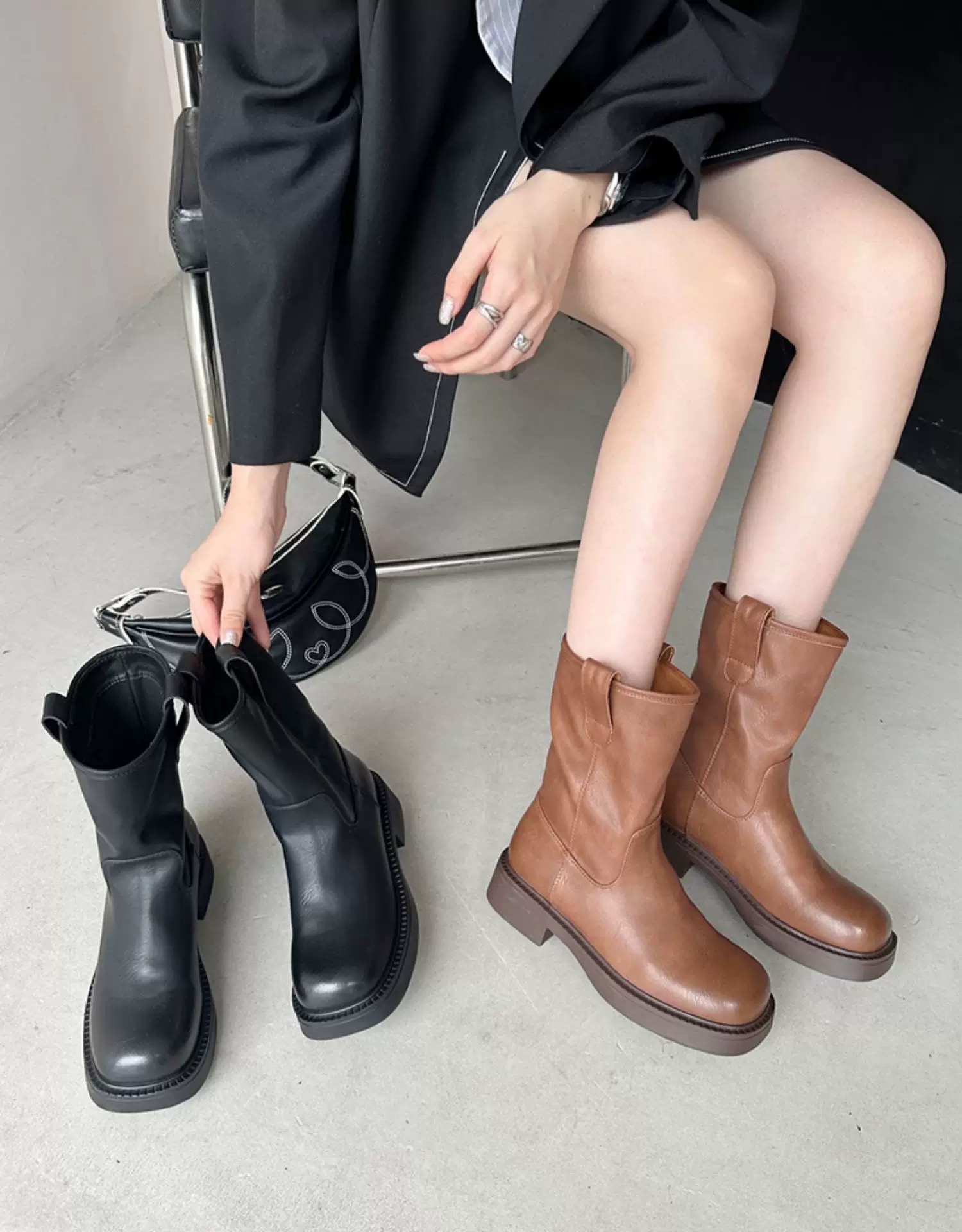 筒靴厚底时装靴短靴马丁靴棕色小裸靴长靴女士加绒