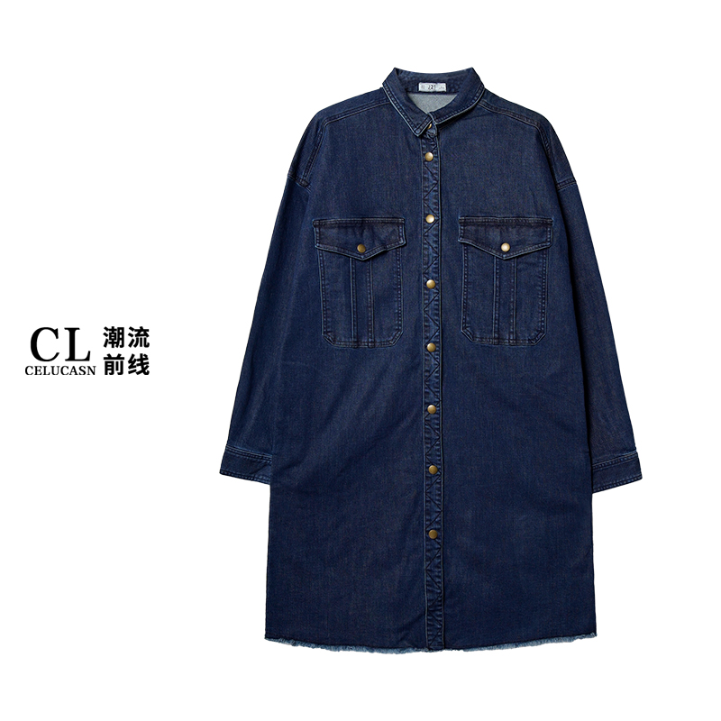 J7VIS280#复古牛仔衬衫女时尚休闲宽松中长款牛仔长款外套