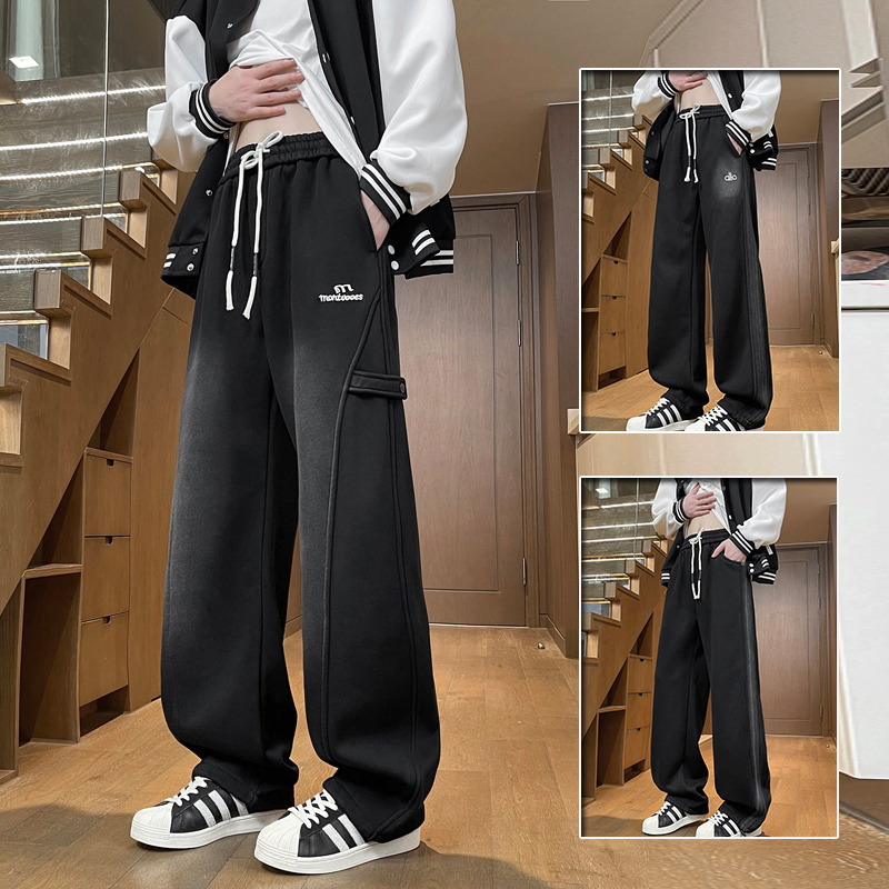 男生冬季新款加绒加厚水洗磨白卫裤青少年学生潮流帅气直筒休闲裤