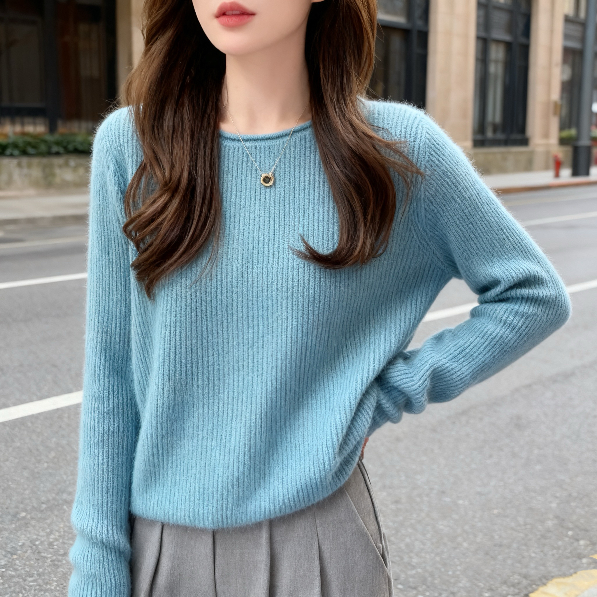 时尚显白洋气显瘦长袖针织打底衫2025新款秋冬百搭慵懒风纯色毛衣