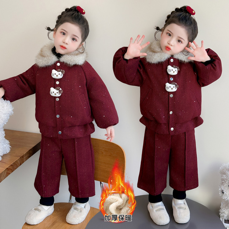 2025新款冬季加厚保暖女童红色毛领外套时尚洋气冬装