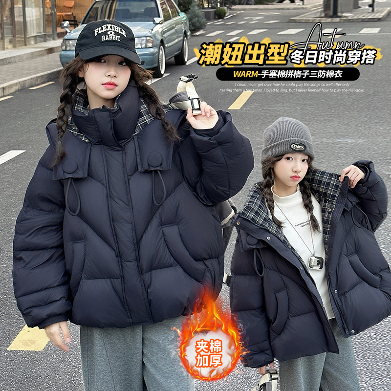 女童冬款韩版藏青色连帽棉服儿童时尚宽松加厚连帽棉袄休闲风棉衣