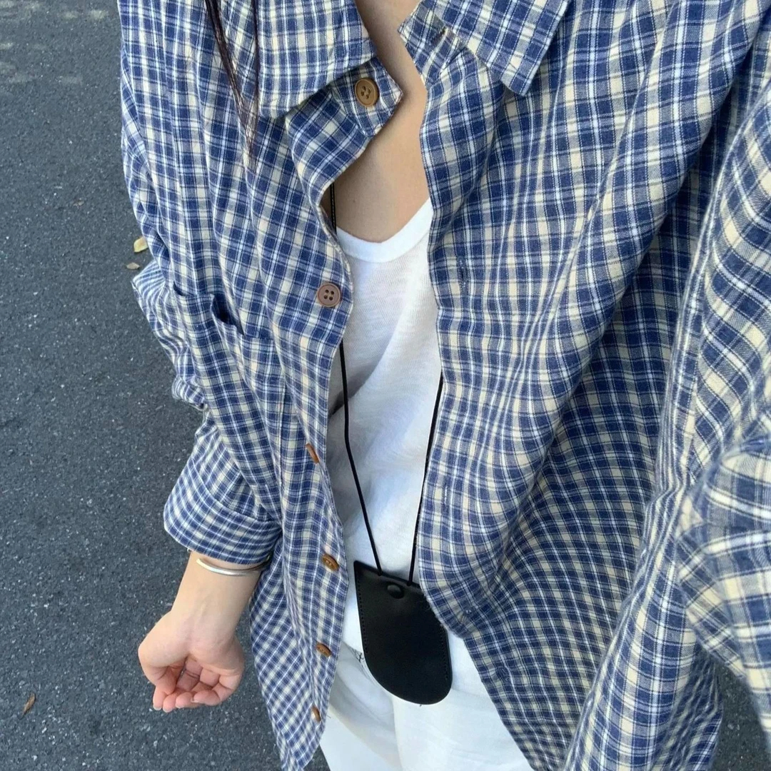 复古宽松慵懒风格子衬衫女秋款秋款韩版休闲简约长袖外搭通勤小衫