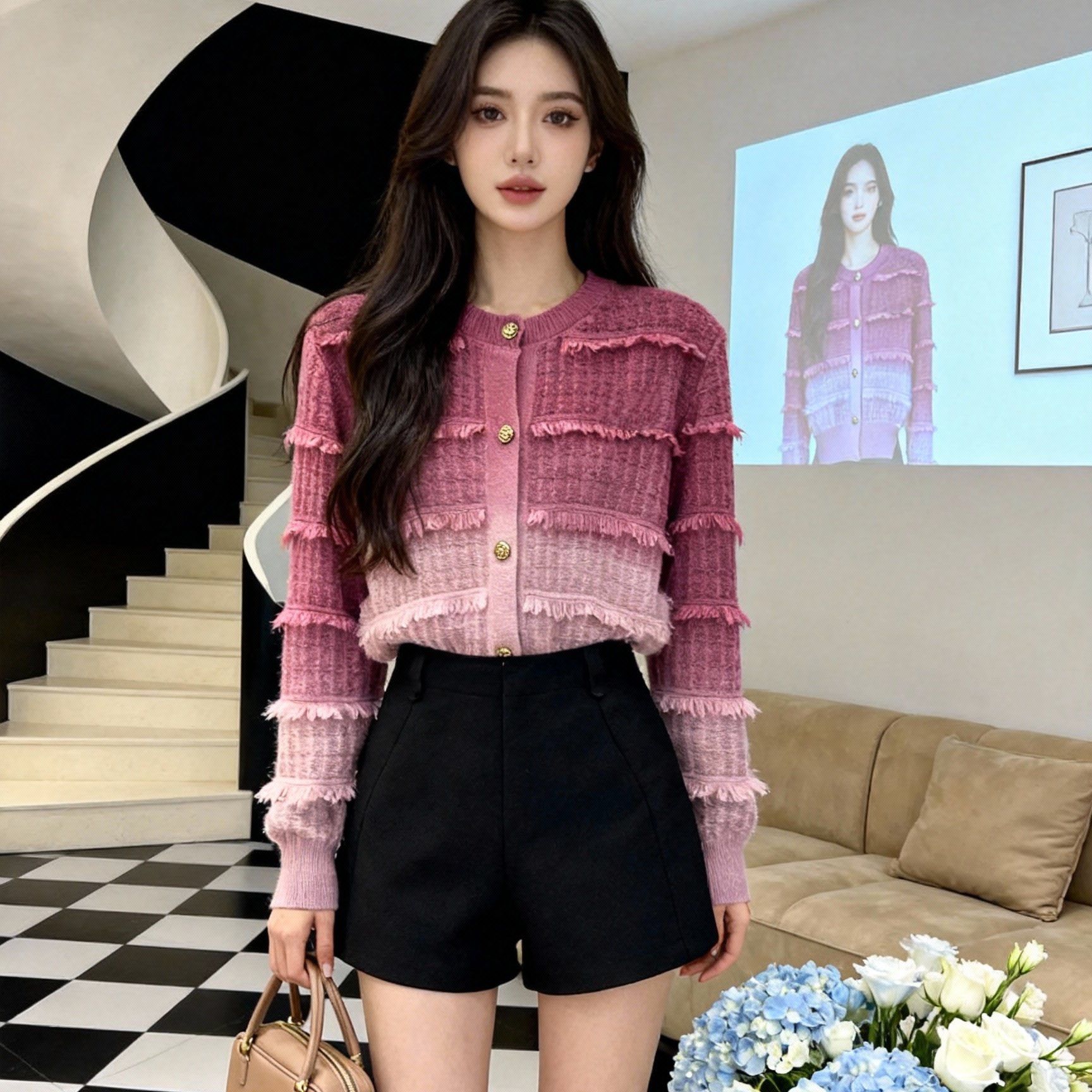 1号【】秋冬季法式百搭针织单排扣时尚圆领短款上衣长袖C1901