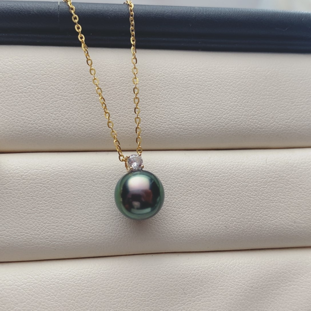 海水珍珠颈饰18K金镶嵌9-10mm大溪地吊坠 赠银链