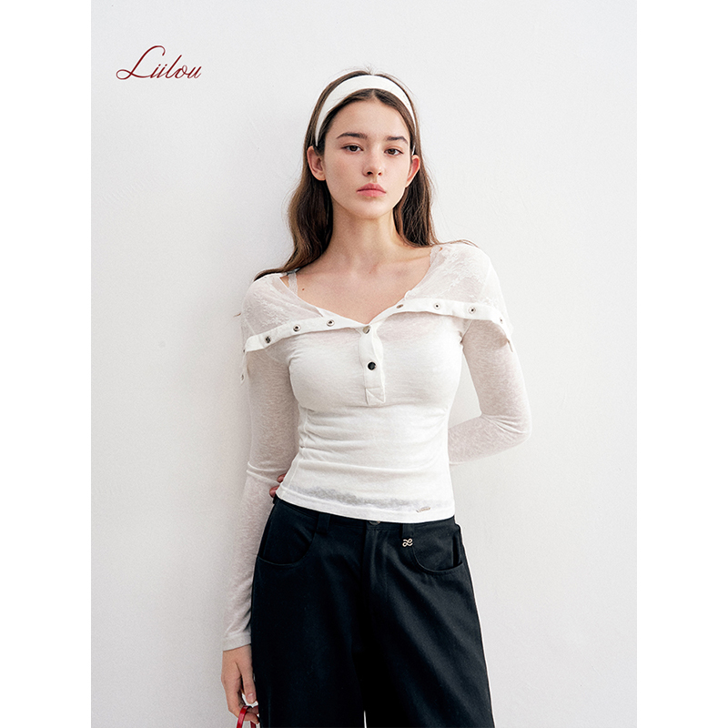 【二莉啊专属】Liilou 25aw 竹节肌理 蕾丝拼接连帽微透长袖针织衫