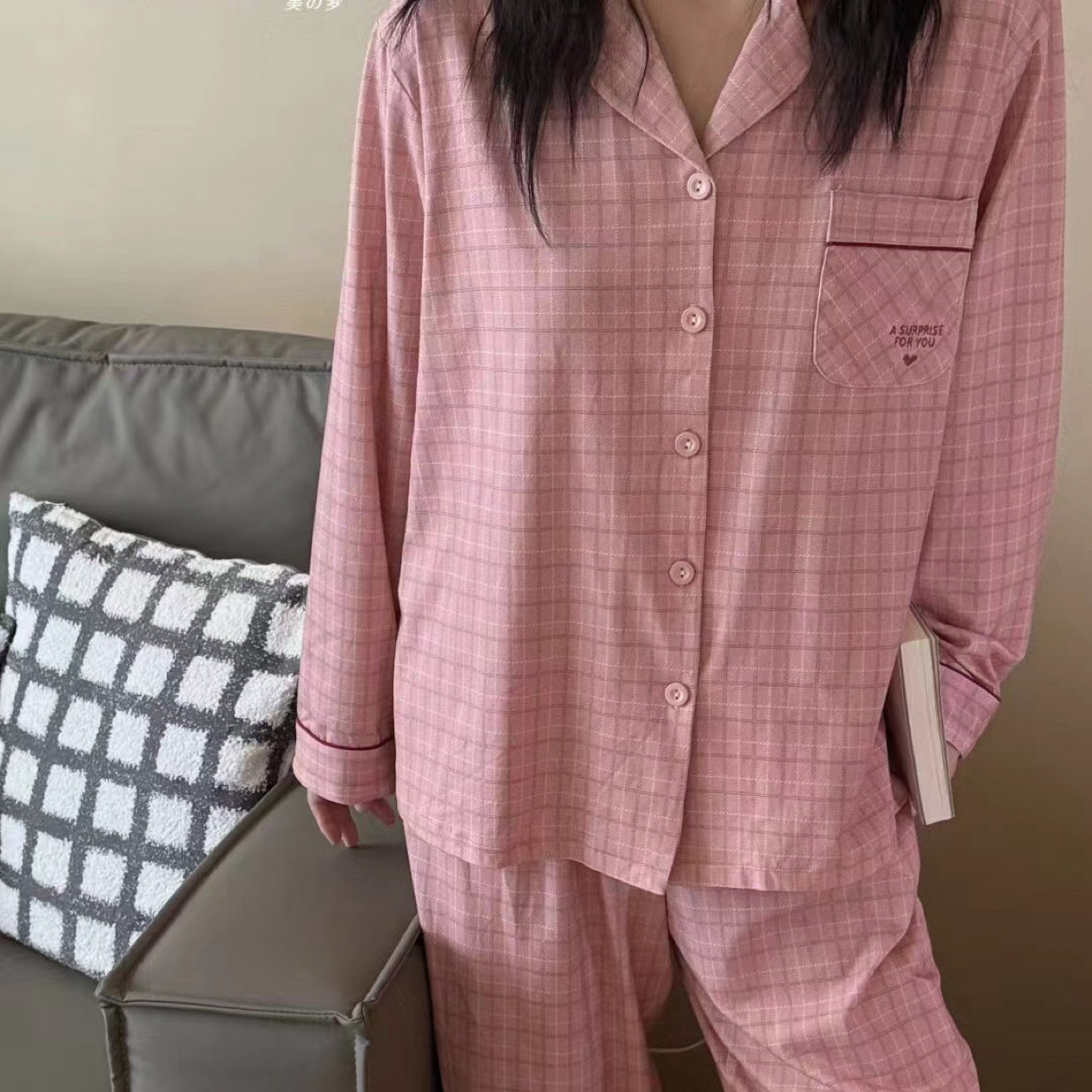 女士秋冬长袖长裤格子纯棉保暖休闲宽松韩版家居服