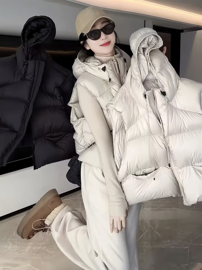 羽绒马夹女款2025新款秋冬外穿时髦洋气韩版宽松连帽羽绒背心马夹
