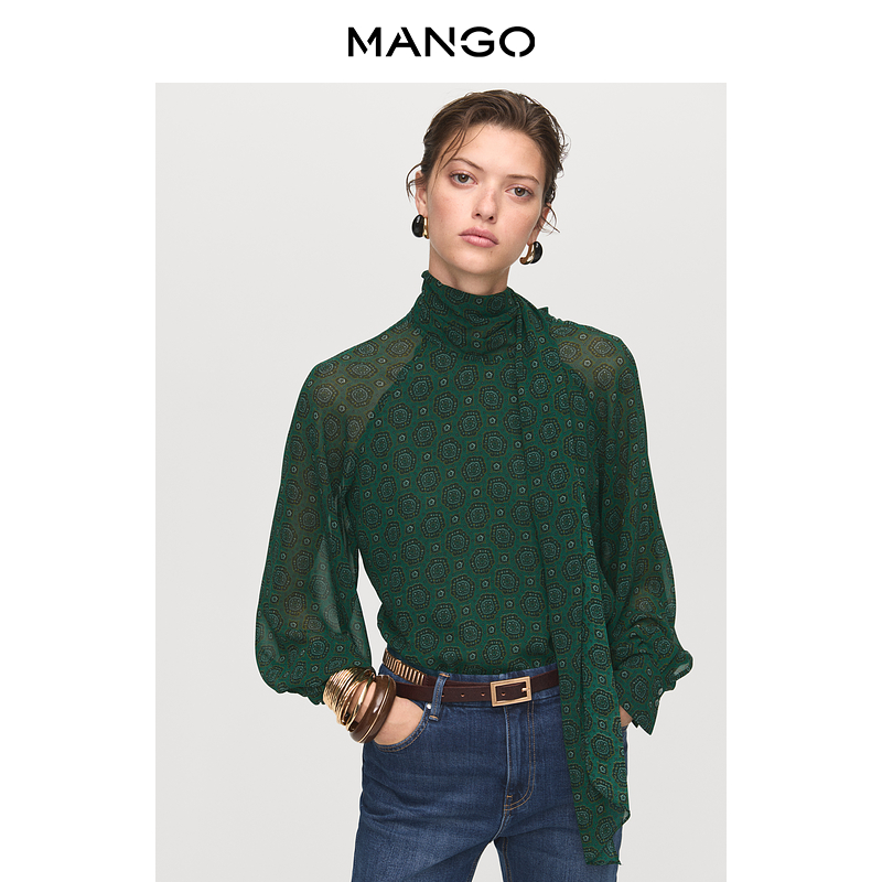 MANGO女装衬衫2025秋装新款通勤气质显瘦宽松雪纺系带印花上衣