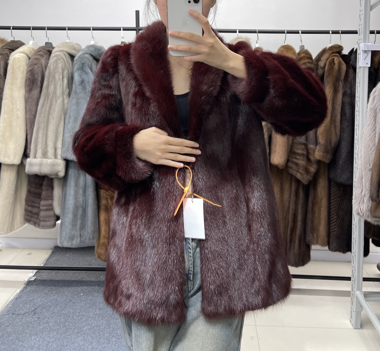 TT76(S)酒红色中古进口水貂毛外套，肩37胸围102衣长70袖长59