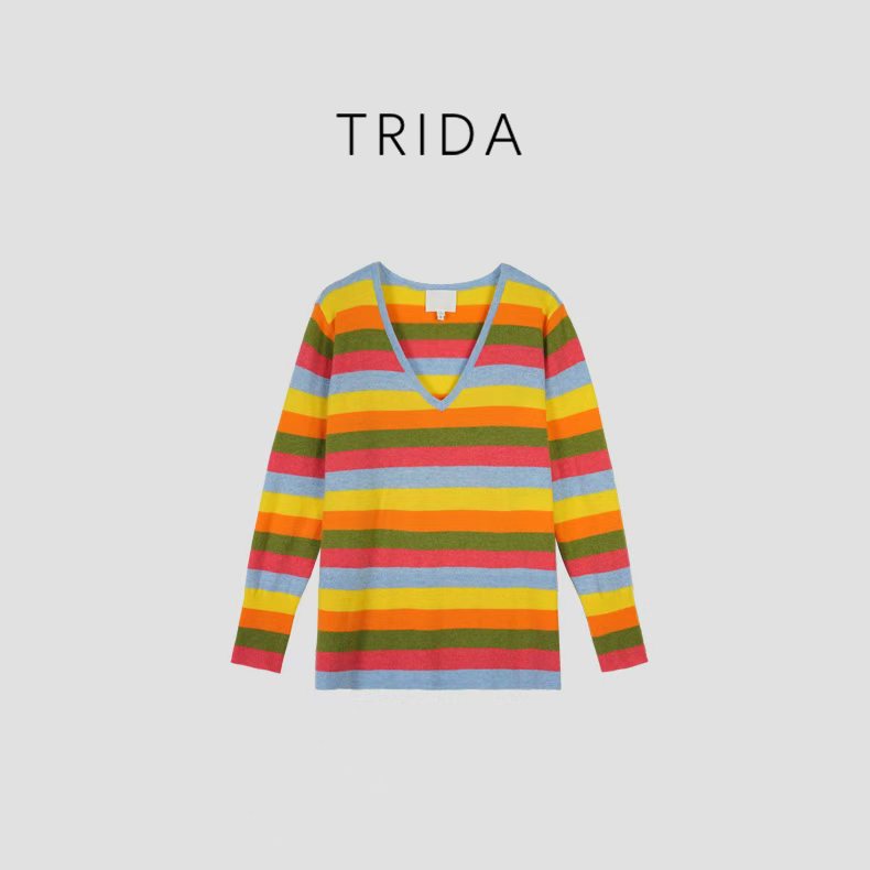 【落日余晖】彩虹条纹100山羊绒薄毛衣小V领修身打底衫 256574DH