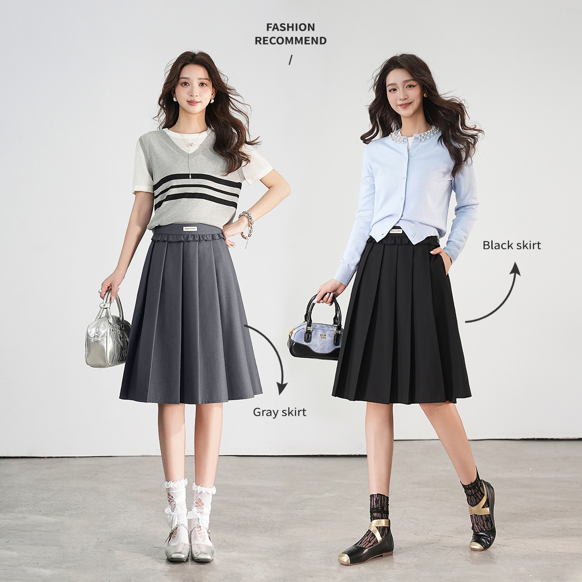 【芋总专属】&白鹿语时尚甜美通勤百搭木耳边压褶半身裙BY20195