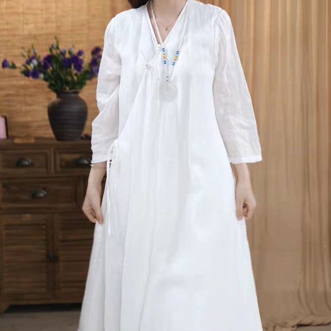 100苎麻中国风改良汉服白色交领修身茶服仙气清冷禅意连衣裙