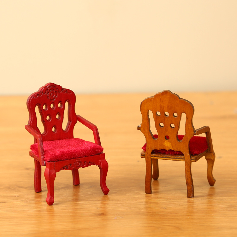 1：12复古卧室木质靠椅迷你小家具摆件椅子DIY模型娃娃屋扶手椅