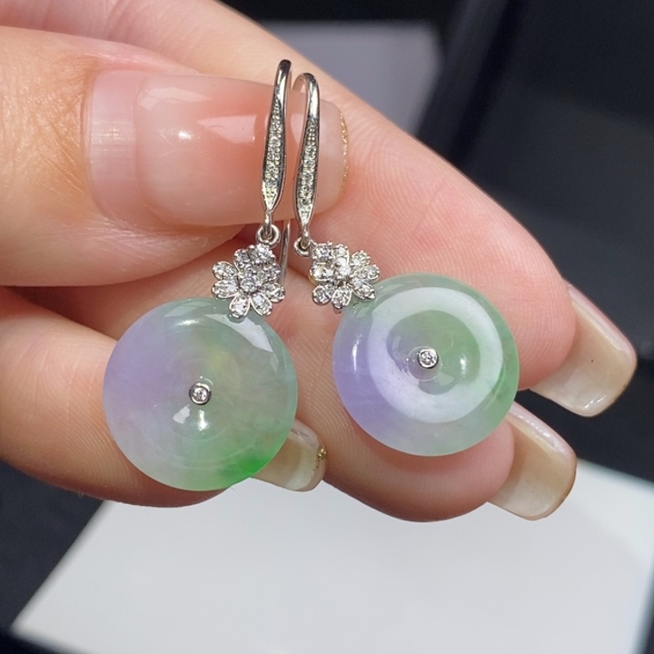 翡翠18K金镶嵌耳饰春彩平安扣