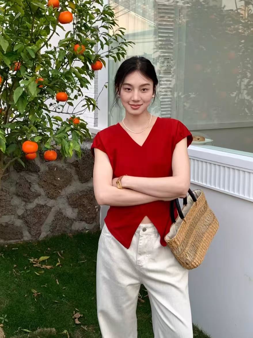 52238 短袖V领极简风修身型纯色后背蕾丝镂空T