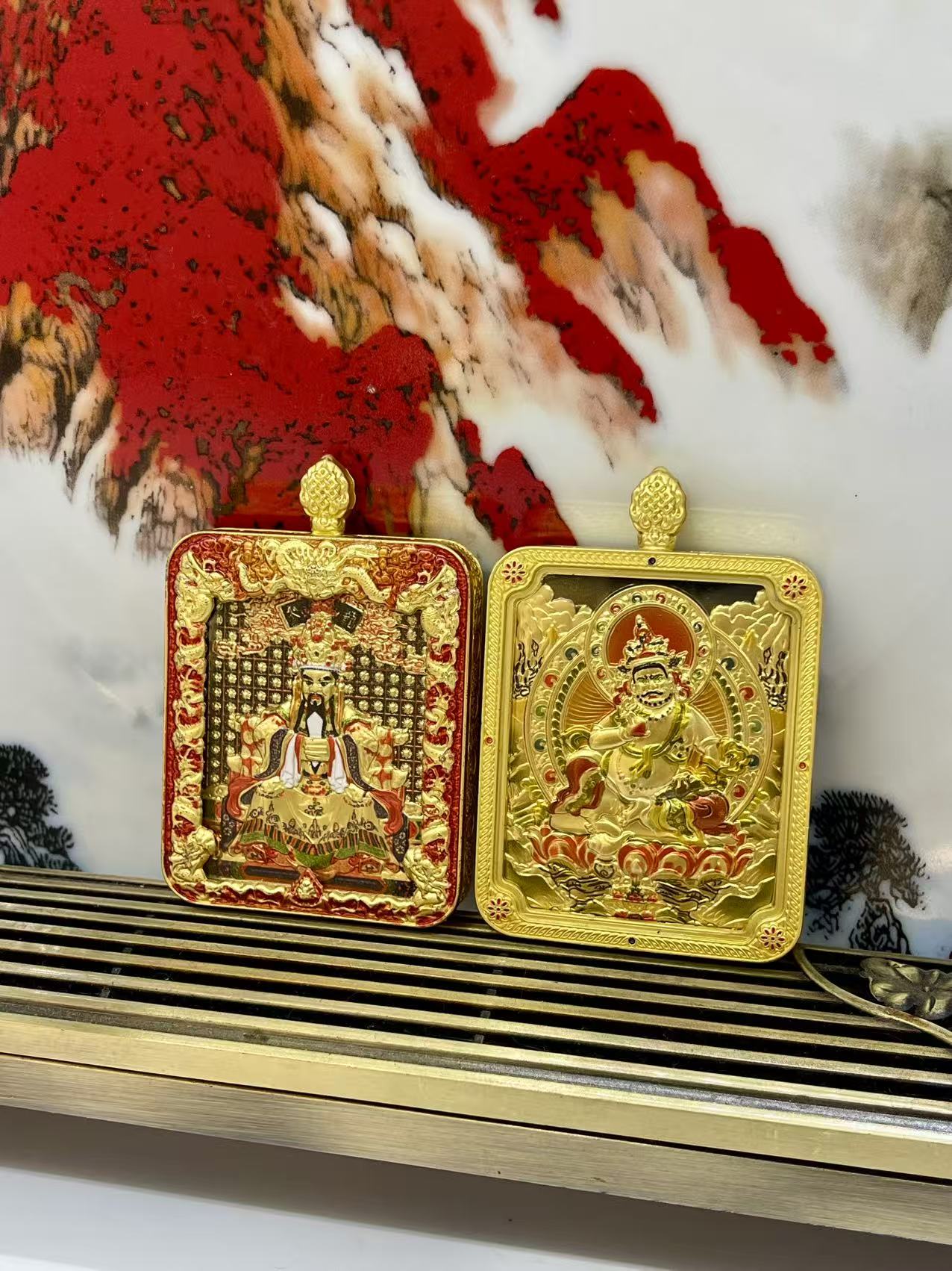 黄铜吊坠 铜吊坠 五爷唐卡立体双面守护神唐卡吊坠国风编绳吊坠