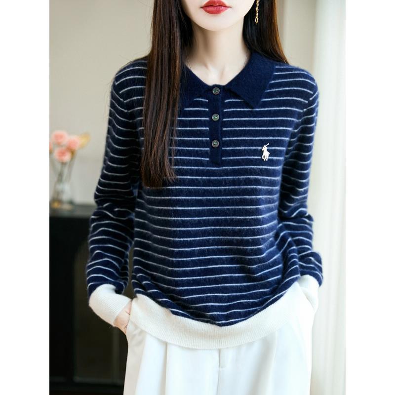 100羊毛POLO领条纹拼色宽松针织衫D274
