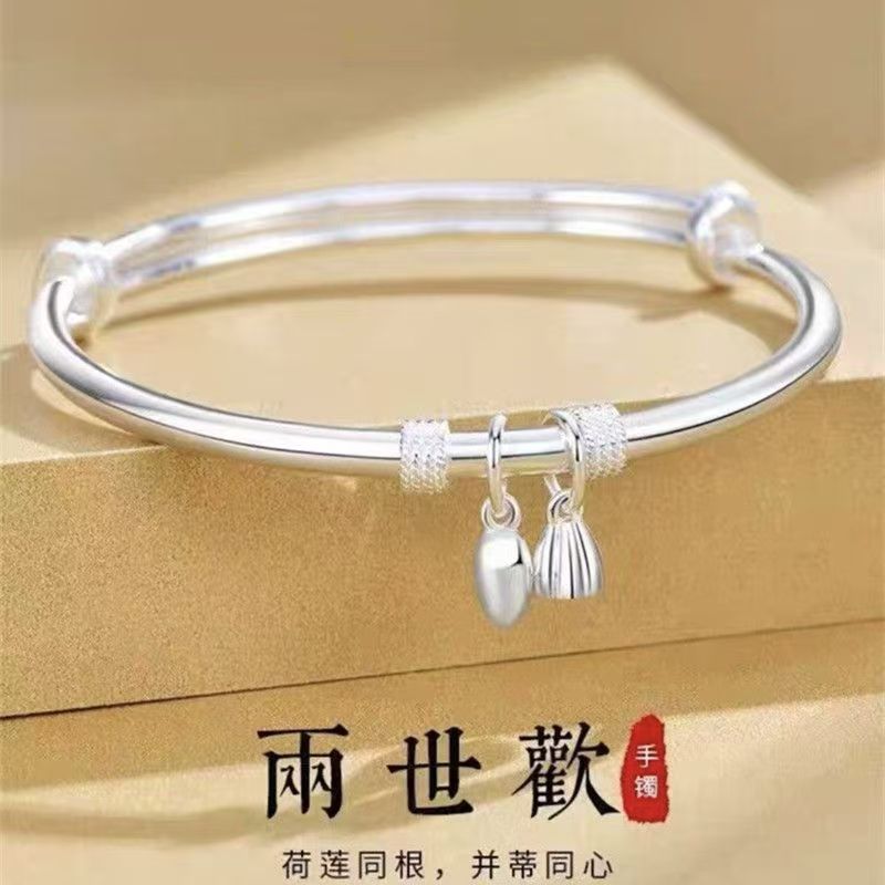 足银手镯 9999实心精美20g 两世欢推拉手镯 货号 044