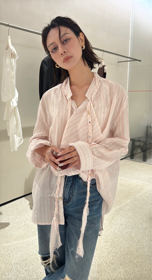MISSLi SIMPLE小众麻花飘带两穿条纹宽松薄款长袖衬衫