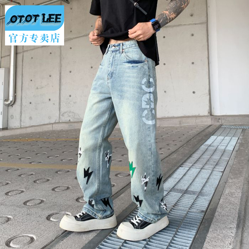 OTOT LEE破洞阔腿裤男拉链竹节纹蓝牛仔长裤高腰扎染薄款重磅时尚