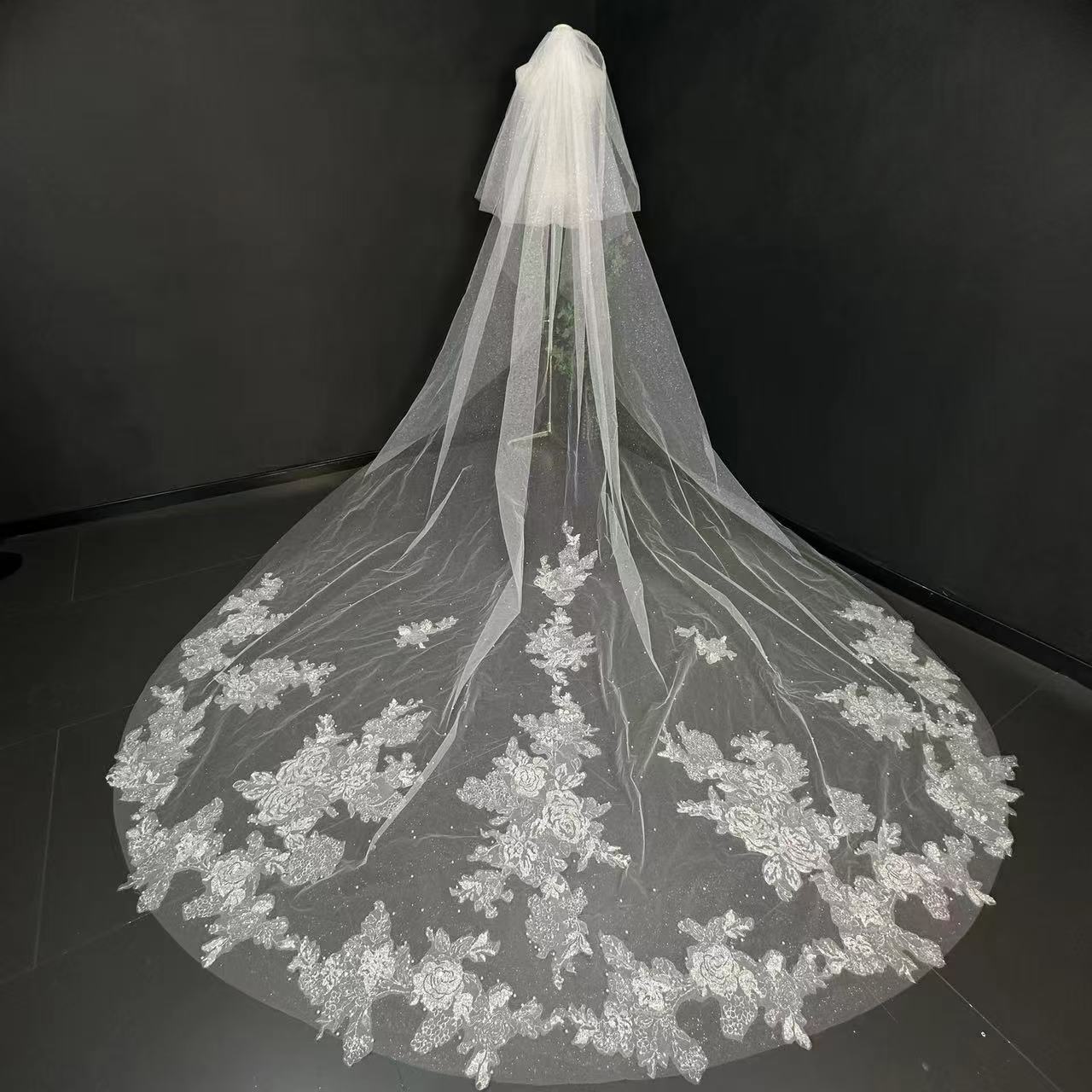 1349双层长款蕾丝包边珍珠头纱重工新娘结婚主纱仪式影楼跟妆