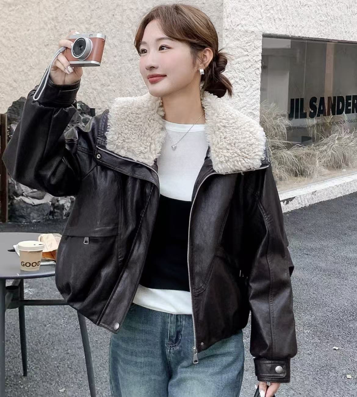 毛绒大翻领加绒加厚保暖皮衣外套女2025秋冬新款宽松显瘦上衣8895