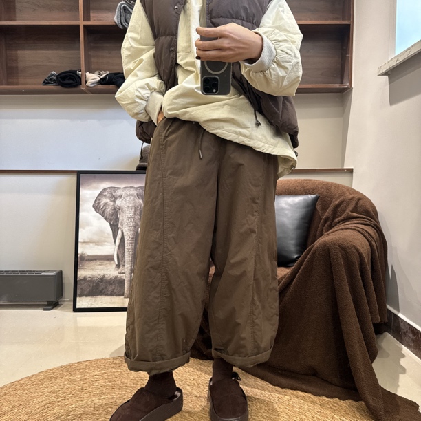 遇见冬季韩版宽松大码胖mm休闲高腰抽绳加厚阔腿长裤棉裤