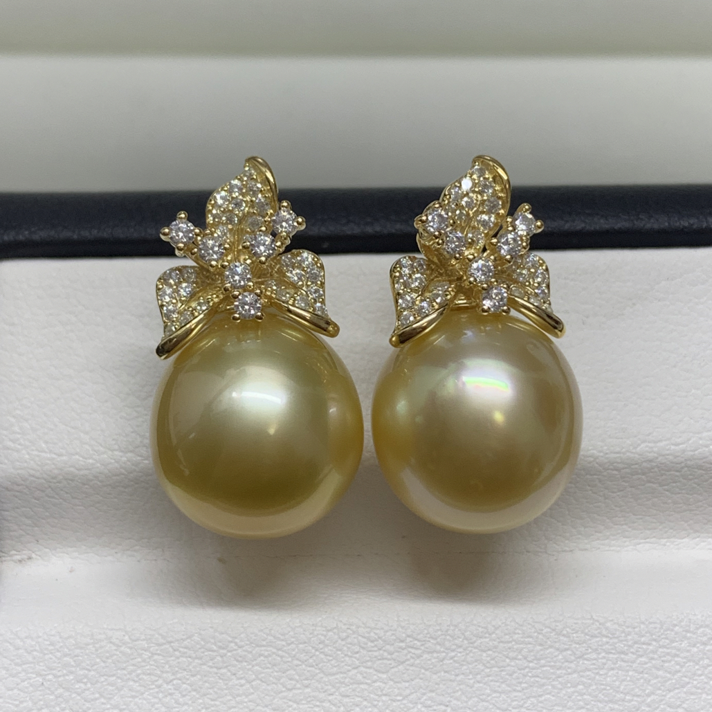 天然海水珍珠南洋金珠深极强光耳饰12-13mm贵气