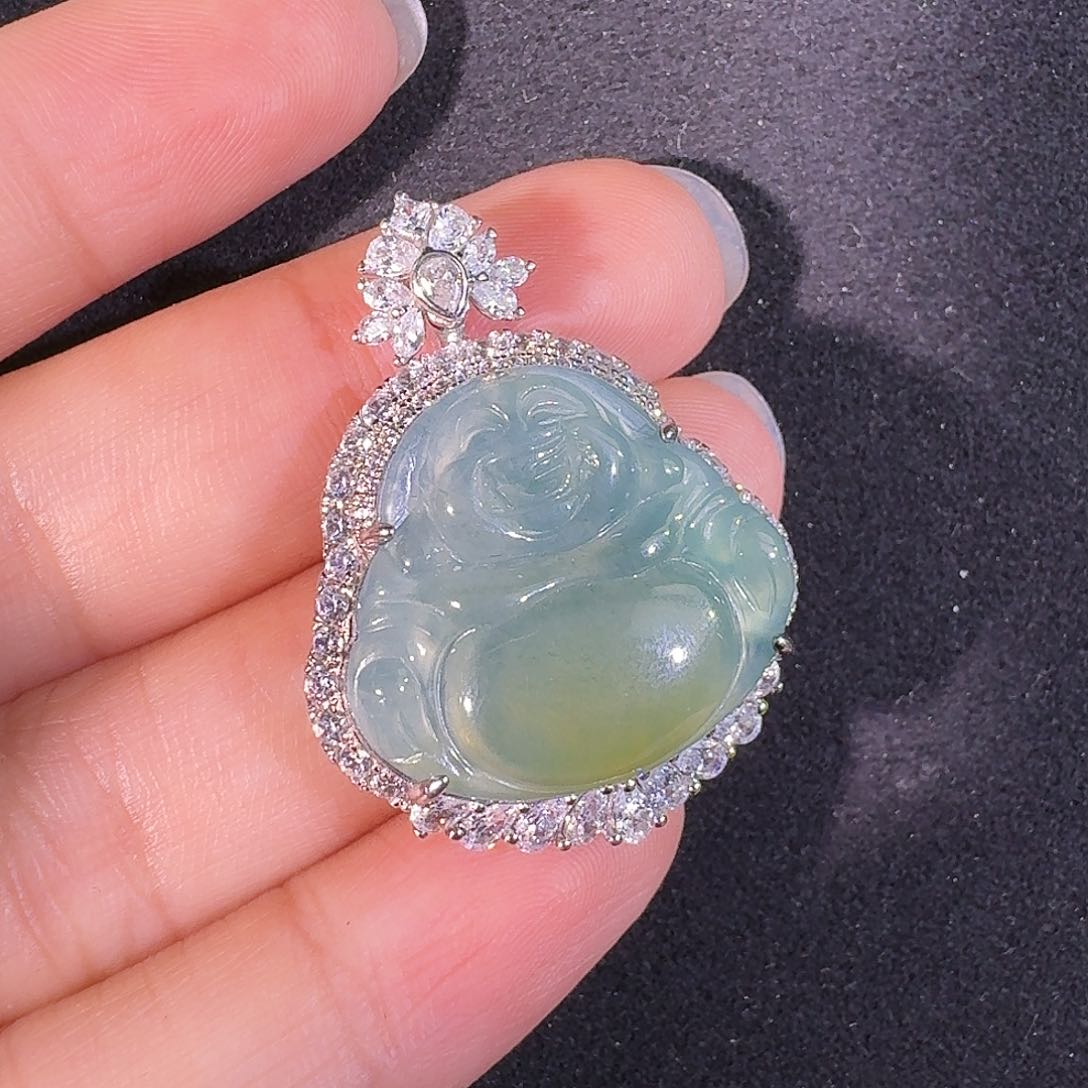 翡翠吊坠(不含链)银S925镶嵌佛公