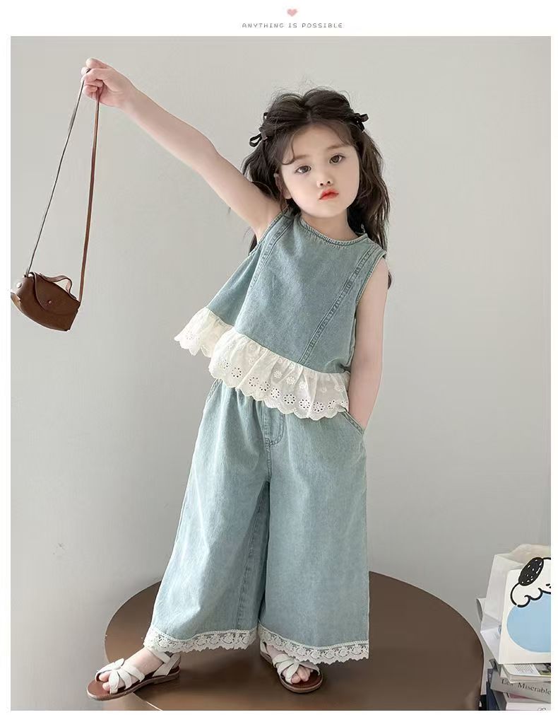 女童夏季韩版套装2025新款休闲儿童牛仔背心阔腿裤两件套亲子装