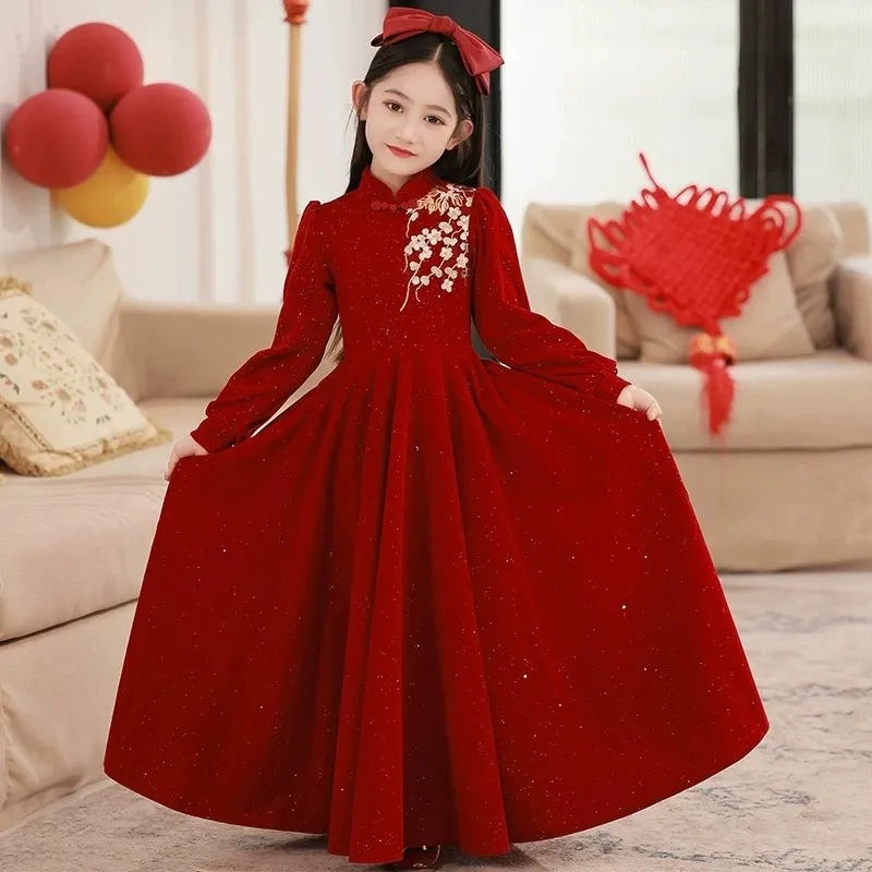 红色礼服女童连衣裙秋季主持人小女孩演出服新中式拜年服童装